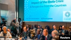 Tổng giám đốc IMF Christine Lagarde, Chủ tịch Ngân hàng Thế giới Jim Yong Kim, Tổng thống Guinea Alpha Conde và Tổng thư ký Liên Hiệp Quốc Ban Ki-moon họp bàn về cuộc khủng hoảng Ebola tại Washington, ngày 9/10/2014.