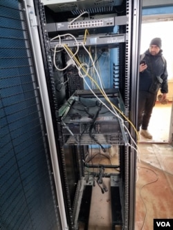 Computer server rack cabinet in office of State Agency of Ukraine for Exclusion Zone Management after Russian occupation, Chernobyl, April. 5, 2022. (Photo courtesy Evgen Kramarenko)