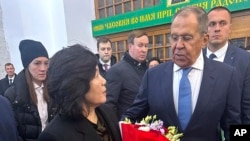 In this photo released by Russian Foreign Ministry Press Service on Nov. 1, 2024, Russian Foreign Minister Sergey Lavrov, right, speaks with North Korean Foreign Minister Choe Son Hui in Moscow.