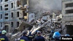 A view shows a residential building heavily damaged by a Russian missile strike in Zaporizhzhia, Ukraine, Oct. 9, 2022.