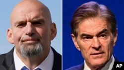 This combination of file photos shows Democratic Senate candidate, Pennsylvania Lt. Gov. John Fetterman, left, and Republican Senate candidate Dr. Mehmet Oz in 2022 photos.
