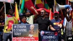 Members of the Tigrayan community protest against the conflict between Ethiopia and Tigray rebels in Ethiopia's Tigray region, outside the the United Arab Emirates embassy in Pretoria, South Africa, Oct. 12, 2022. 