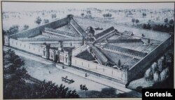 Dibujo de la estructura de la Penitenciaría del Estado de Pensilvania, en Filadelfia, dibujada por el preso Samuel Cowperthwaite. Litografía de O.S.Duval and Co. de 1855 [Foto: Cortesía de Library Company of Philadelfhia]