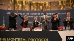 Members of the organizing committee celebrate the adoption of the Kigali Amendment to the Montreal Protocol, Oct. 15, 2016 in Kigali, Rwanda. With the amendment, nations agreed to phase out a category of dangerous greenhouse gases widely used in refrigerators and air conditioners.