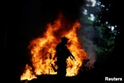 Trucks loaded with tree trunks are burned by agents of the Brazilian Institute for the Environment and Renewable Natural Resources, or Ibama, during an operation to combat illegal mining and logging, in the municipality of Novo Progresso, Para State, northern Brazil, Nov. 11, 2016.
