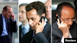 From left, file pictures of former French Presidents Jacques Chirac and Nicolas Sarkozy and President Francois Hollande making phone calls in France. France branded as unacceptable reported spying the United States on French senior officials.