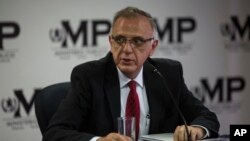 FILE - Ivan Velasquez, commissioner of the U.N. International Commission Against Impunity in Guatemala, takes part in a news conference in Guatemala City, April 19, 2018.