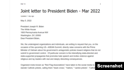 Thư chung gửi Tổng thống Joe Biden. Screenshot on April 19 2022. Photo: vnforb.org.