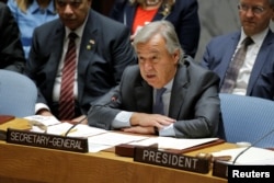FILE - U.N. Secretary-General Antonio Guterres speaks during a meeting of the Security Council.