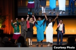 The six Goldman Environmental Prize winners, from left, Maxima Acuna for South and Central America; Luis Herrera for Island Nations; Zuzana Caputova for Europe; Edward Loure for Africa; Destiny Watford for North America; and Leng Ouch for Asia, were honored in San Francisco, April 18, 2016. (Courtesy photo: Goldman Environmental Prize)