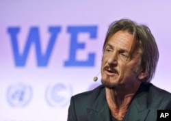 American actor Sean Penn, founder of J/P Haitian Relief Organization, speaks during the U.N. Change Conference near Paris, Dec. 5, 2015.