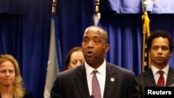 FILE - Andre Birotte Jr., formerly U.S. Attorney for the Central District of California and now a U.S. district judge, speaks at a news conference in Los Angeles, Feb. 21, 2014.