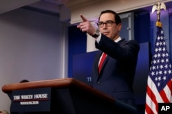 Treasury Secretary Steve Mnuchin speaks during the daily press briefing, June 29, 2017, in Washington.