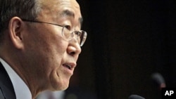 U.N. Secretary-General Ban Ki-moon addresses a news conference at the United Nations European headquarters in Geneva, May 11, 2011