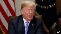 FILE - President Donald Trump speaks during his meeting with members of his cabinet in Cabinet Room of the White House in Washington, July 18, 2018. 