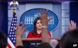 White House press secretary Sarah Sanders speaks during the daily news briefing at the White House, in Washington, May 3, 2018.