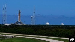 The NASA moon rocket stands on Pad 39B before the Artemis 1 mission to orbit the moon at the Kennedy Space Center, Sept. 1, 2022, in Cape Canaveral, Florida.