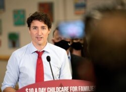 FILE - Canada's Prime Minister Justin Trudeau talks during a news conference at the daycare inside Carrefour de l'Isle-Saint-Jean school in Charlottetown, Prince Edward Island, Canada, July 27, 2021.