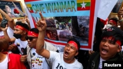 Protesters shout slogans during a demonstration to mark the second anniversary of Myanmar's 2021 military coup, outside the Embassy of Myanmar in Bangkok, Thailand, Feb. 1, 2023. 