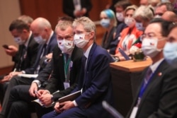 Czech Senate president Milos Vystrcil, center, and members of the Czech delegation attend a forum on supply chain restructuring in Taipei, Taiwan, Sept. 4, 2020.