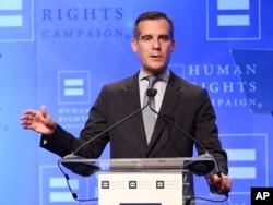 FILE - Los Angeles Mayor Eric Garcetti, shown delivering a speech in his city in March 2016, says President-elect Donald Trump has been "very supportive of our efforts to invest in infrastructure."
