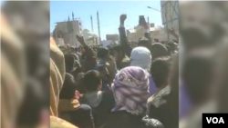 Protesters are seen in Zahedan, Iran, on Feb. 10, 2023, in the screenshot from social media.