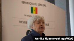U.S. Treasury Secretary Janet Yellen speaks at a women and youth business incubator in Dakar, Senegal, Jan. 20, 2023.