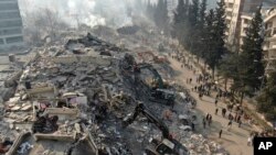 Aerial photo showing collapsed buildings in Kahramanmaras, southern Turkey, Feb. 11, 2023.
