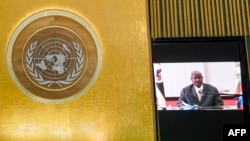 FILE - Uganda's President Yoweri Kaguta Museveni remotely addresses the 76th session of the United Nations General Assembly at UN headquarters on Sept. 23, 2021 in New York.