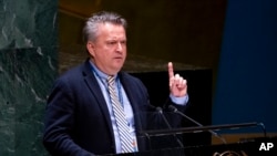 Sergiy Kyslytsya, Ukraine's envoy to the United Nations, speaks during a meeting of the U.N. General Assembly, April 7, 2022, at U.N. headquarters.