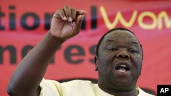 Zimbabwe's Prime Minister and opposition Movement for Democratic Change leader Morgan Tsvangirai addresses delegates at the party's National Congress in Bulawayo, April 28, 2011