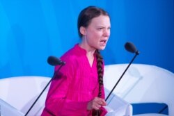 FILE - Climate activist Greta Thunberg speaks during the U.N. Climate Action Summit at the United Nations Headquarters in New York City, Sept. 23, 2019.