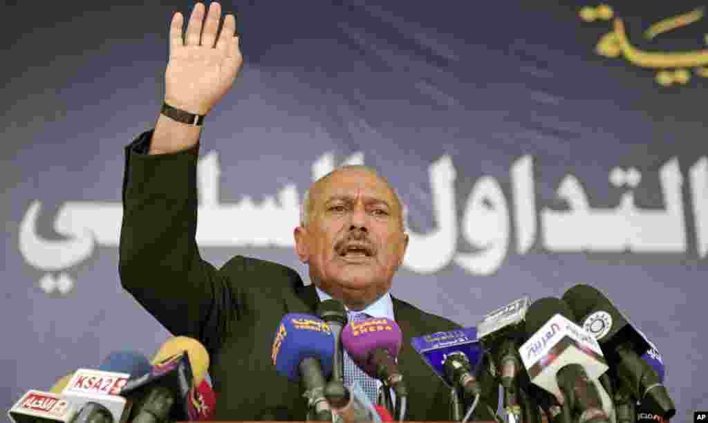 March 10, 2011: Yemeni President Ali Abdullah Saleh speaks to supporters during a gathering in Sanaa.