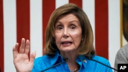 美国众议院议长南希·佩洛西周五在东京的记者会上。