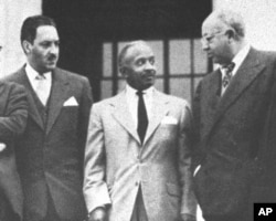 Pictured in this 1954 handout photo is Louis Redding, center, on the steps of the Supreme Court Building, in Washington, D.C., with other NAACP attorneys who argued the school segregation case, Brown vs. Board of Education.