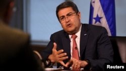 Honduran President Juan Orlando Hernandez speaks during an interview with Reuters on the sidelines of the United Nations General Assembly in New York City, Sept. 24, 2018.