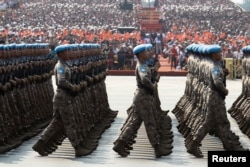 2019年10月1日中国维和部队纪念中华人民共和国成立70周年游行经过天安门广场。