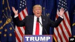 Le candidat présidentiel républicain, Donald Trump, parle lors de sa campagne à South Bend, Indina, 2 mai 2016 (AP Photo / Charles Rex Arbogast)