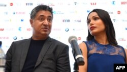 Indian film director Tabrez Noorani, left, answers a question with Bollywood and Hollywood actress Freida Pinto during a press conference on the opening day of the Indian Film Festival of Melbourne on August 10, 2018. Noorani's film 'Love Sonia' which stars Freida Pinto, Richa Chadha, Mrunal Thakur and Demi Moore, opened the festival.