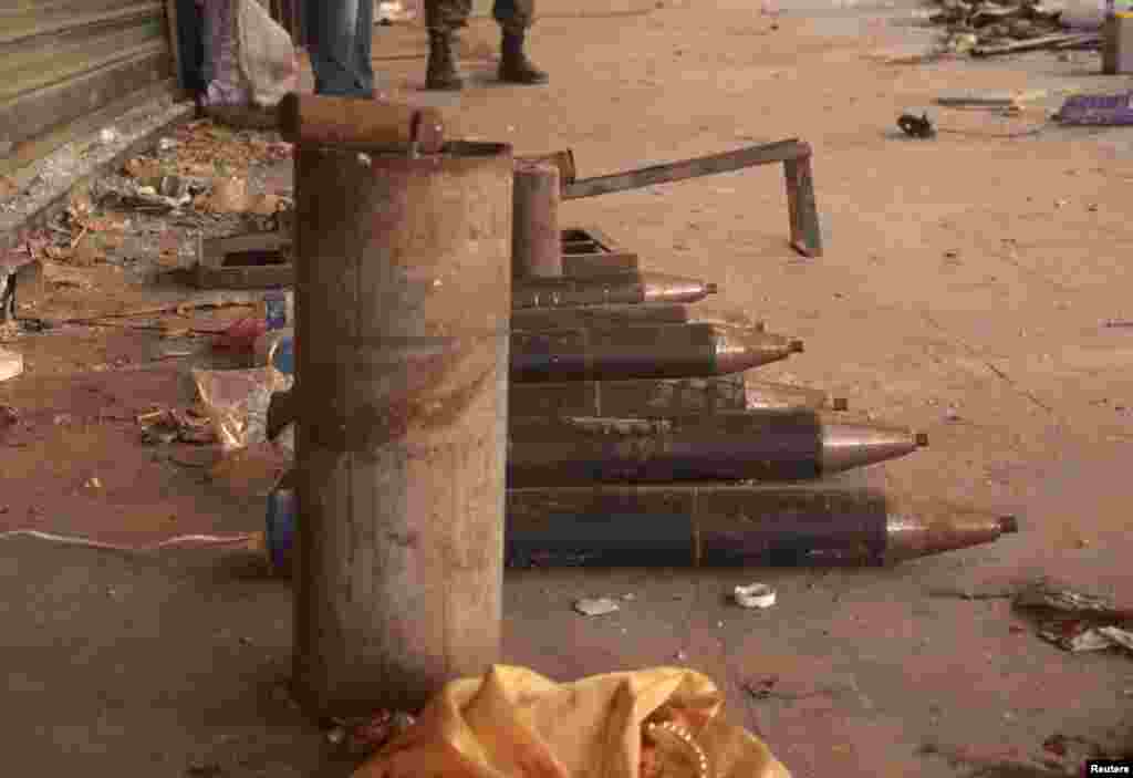 Ammunition that forces loyal to Syrian President Bashar al-Assad say belonged to the Free Syrian Army is seen in Al-Suwayqa, Aleppo, Syria, Feb. 25, 2013. 