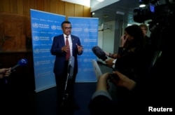 FILE - Director-General of the World Health Organization, Dr. Tedros Adhanom Ghebreyesus briefs the media on the Ebola outbreak at their headquarters in Geneva, Switzerland, May 14, 2018.