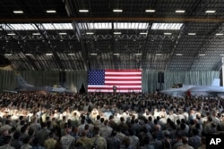 U.S. President Donald Trump delivers his speech to the U.S. military personnel and members of Japan Defense Forces upon his arrival at the U.S. Yokota Air Base on the outskirts of Tokyo, Nov. 5, 2017.