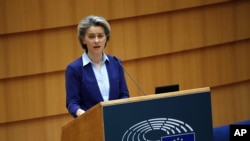 At a news conference in Brussels, Commission President Ursula von der Leyen urged EU nations to move quickly, because the commission will go to the market, raise the funds and disburse them as soon as possible.
