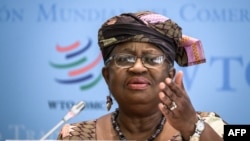 World Trade Organization (WTO) director-general Ngozi Okonjo-Iweala attends a press conference on WTO trade forecast at the intergovernmental trade organization in Geneva, Apr. 12, 2022.