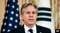 U.S. Secretary of State Antony Blinken speaks Feb, 3, 2023 at the State Department in Washington. He said the United States remained committed to engagement with China despite the discovery on Feb. 2 of a Chinese balloon hovering in U.S. airspace. 