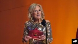First Lady Jill Biden presents the award for song of the year at the 65th annual Grammy Awards, Feb. 5, 2023, in Los Angeles.