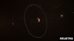 An illustration showing the frigid distant world Quaoar, orbiting in our solar system beyond Pluto, surrounded by its newly discovered ring, along with its moon Weywot. 