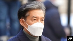 FILE - Former Justice Minister Cho Kuk arrives at the Seoul Central District Court in Seoul, South Korea, Feb. 3, 2023.