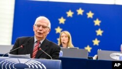 European Union foreign policy chief Josep Borrell delivers a speech during a debate on EU's role and the security situation of Europe following the Russian invasion on Ukraine, at the European Parliament in Strasbourg, eastern France, Wednesday, March 9, 2022. (AP Photo/Pascal Bastien)