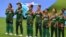 ওভালে নিউজিল্যান্ড এবং বাংলাদেশের মধ্যে মহিলা ক্রিকেট বিশ্বকাপের ম্যাচের আগে বাংলাদেশের খেলোয়াড়রা জাতীয় সঙ্গীত গাইছেন। ৭ মার্চ, ২০২২। 